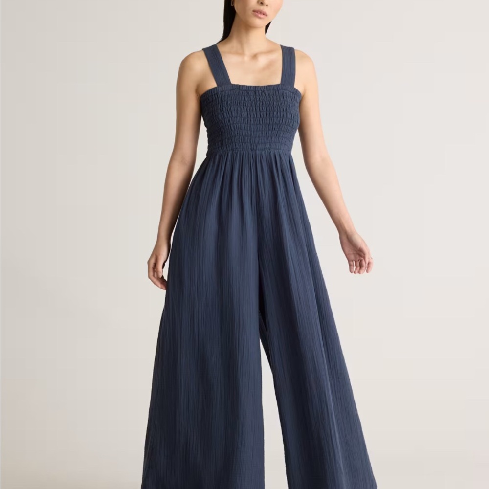 Quince Deep Blue Smocked Jumpsuit